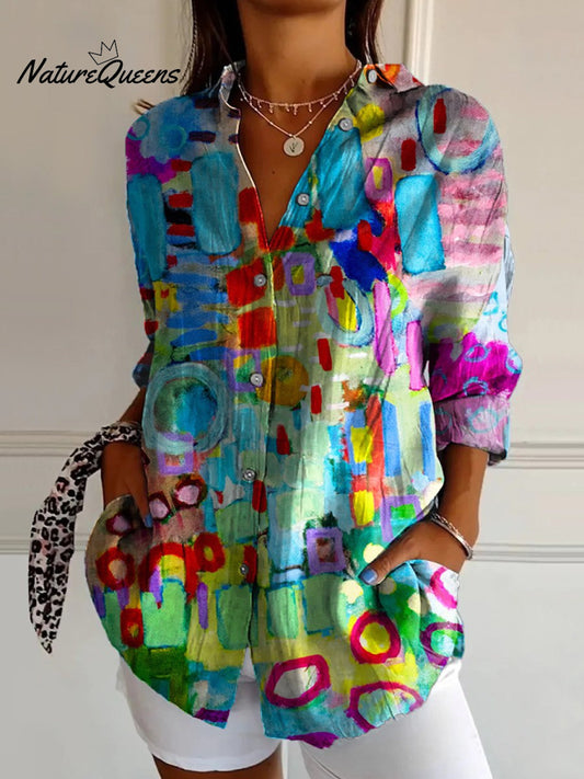 Dawa™ | Camisa informal de algodón para mujer con estampado de pintura abstracta a todo color